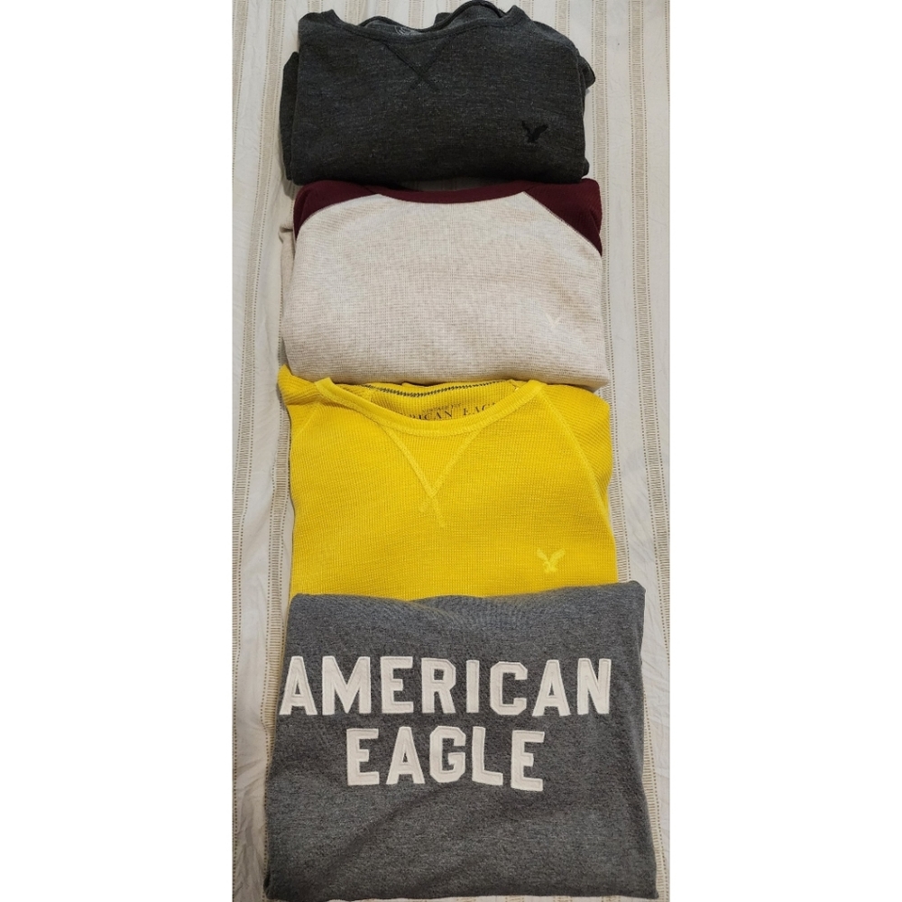 American Eagle mens lot of 4 long sleeve shirts XL yellow waffle  gray logo